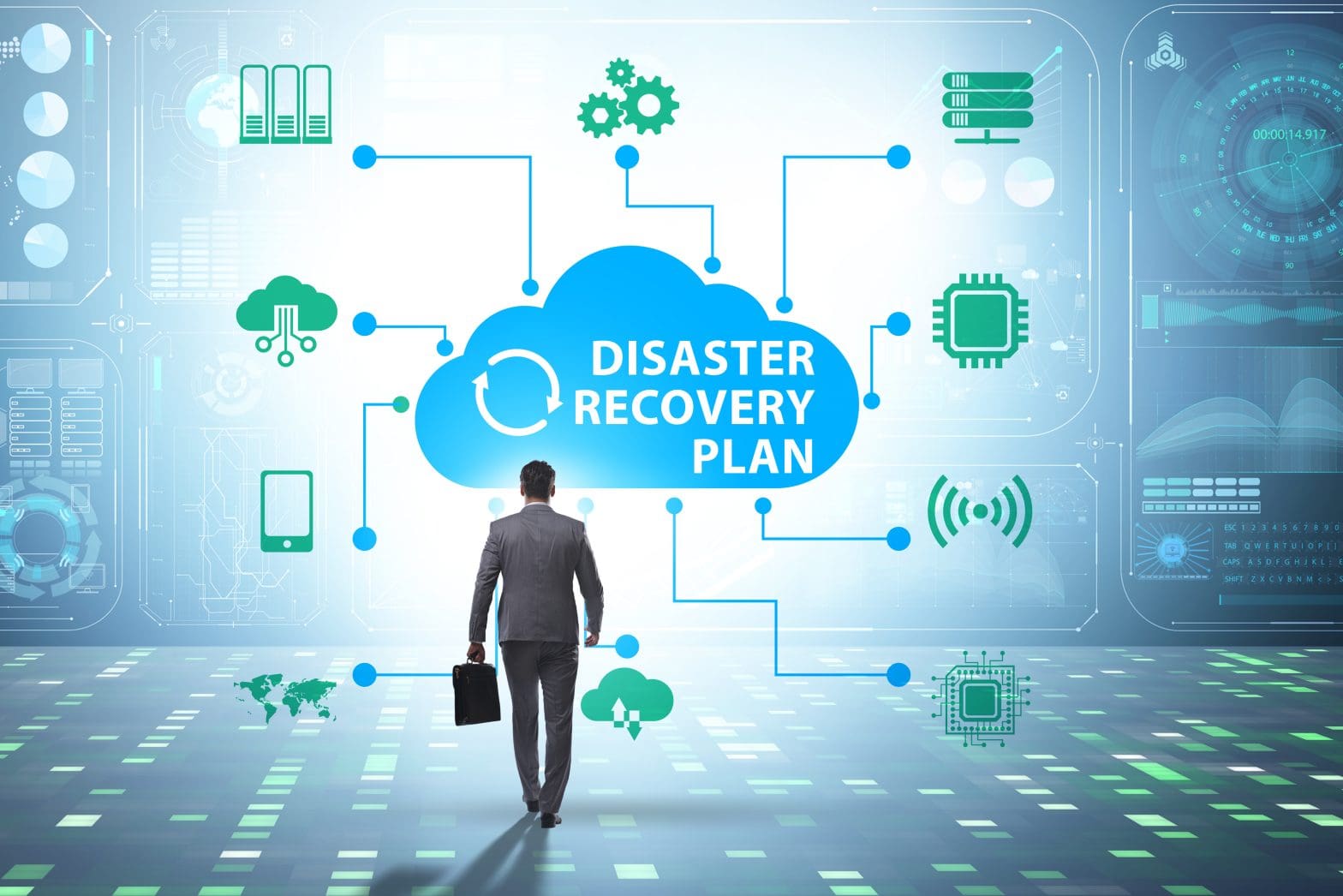 A business man walking toward a graphic representation of a disaster recovery plan.