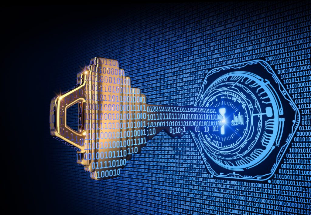 A digitally rendered lock and key covered in binary.